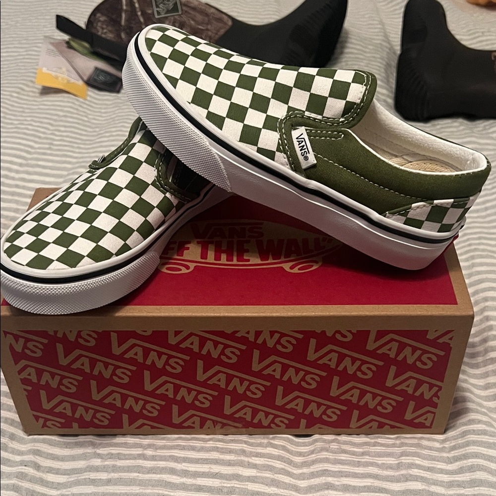 Vans Classic Green and White Checkered Slip-Ons